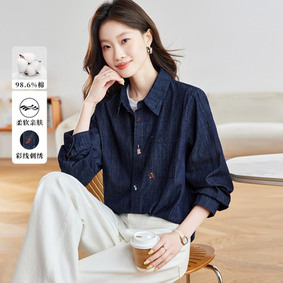 复古文艺森系牛仔外套长袖衬衫女装秋季新款刺绣韩系上衣女