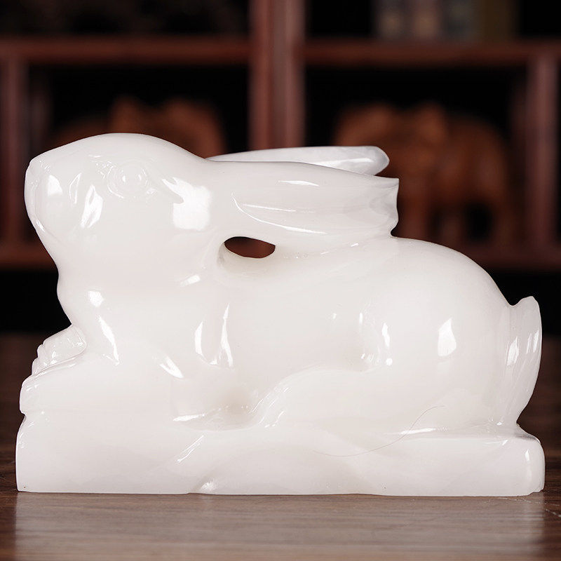 天然玉石玉兔摆件一对生肖兔中式家居客厅酒柜办公室桌装饰品摆设