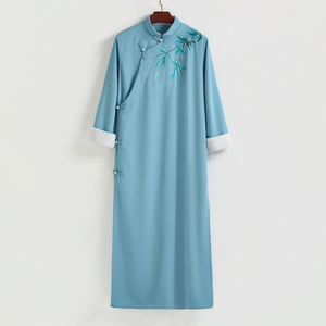 相声服浅蓝刺绣立领长袍演出服