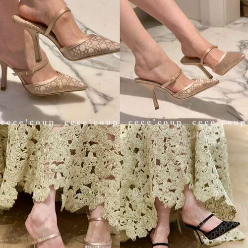 26FW网纱水钻尖头高跟鞋包头凉鞋