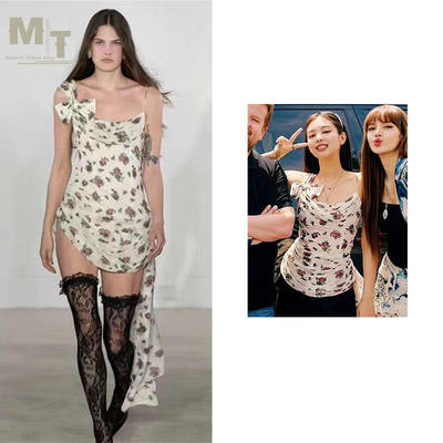 Jennie同款真丝U型领连衣裙  蝴蝶结碎花吊带春夏秋印花裙