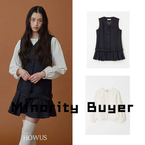 现货 买手店 HOWUS 小众简约花边圆领纯色衬衫荷叶边无袖连衣裙