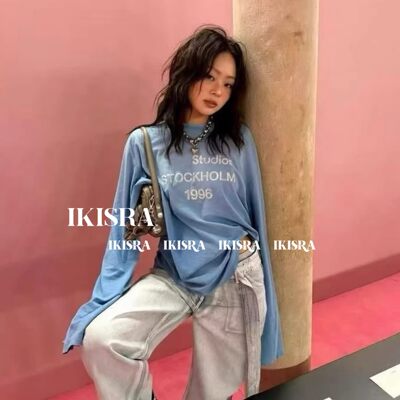 春夏新款1996水洗做旧长袖T恤女