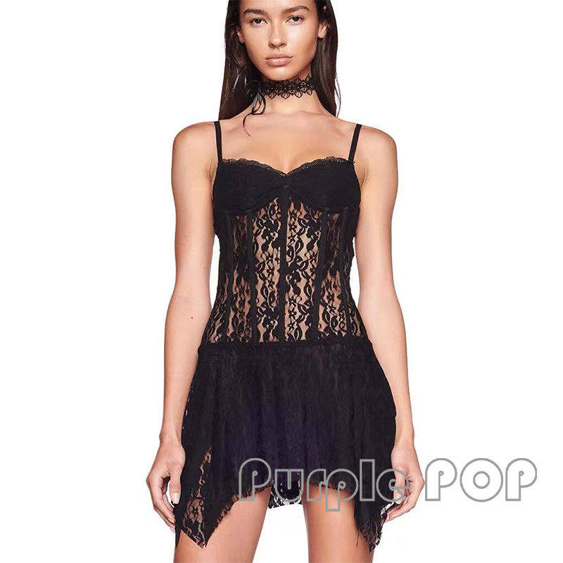 POP买手店 I.AM.GIA 性感弹力蕾丝网纱拼接不规则吊带连衣裙