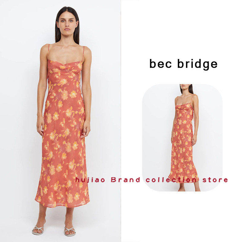 煳椒 bec bridge 真丝荡领橘红色晕染印花露背吊带吊带长裙