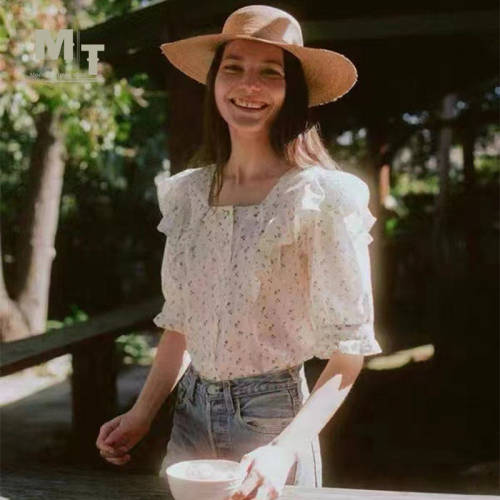 【MTS】 CHRISTY DAWN 白色单排扣方领碎花荷叶边泡泡袖衬衫上衣