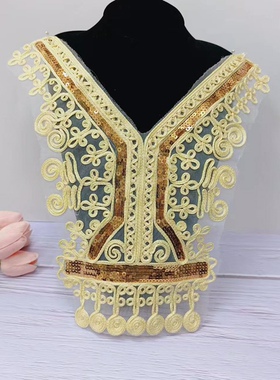 2个价 外贸金黄色领花 民族风手工钉珠时尚刺绣U型假领花边服装