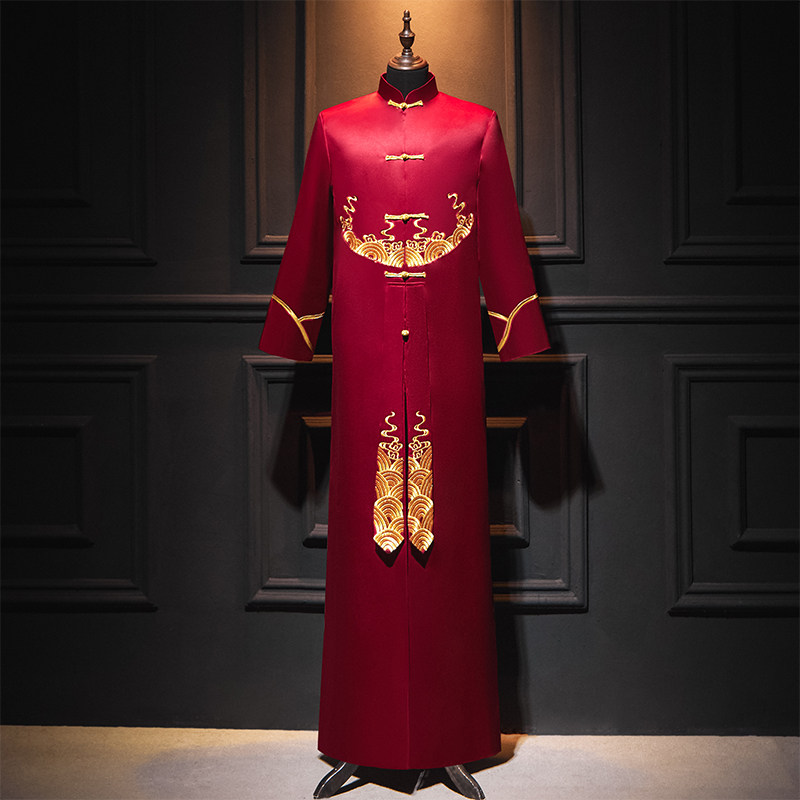 长衫中式复古伴郎服酒红色2025新款兄弟团唐装中国风婚服主持人袍