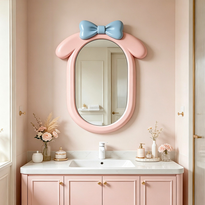 卡通蝴蝶结兔子造型化妆镜色椭圆形洗手间浴室镜子少女可爱装饰镜
