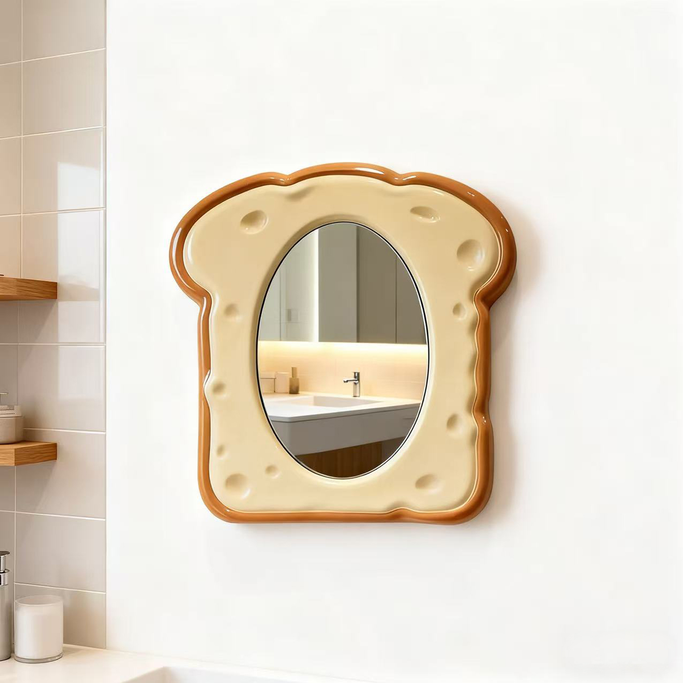 创意吐司面包造型异形化妆镜壁挂式浴室镜子可爱设计感小众装饰镜