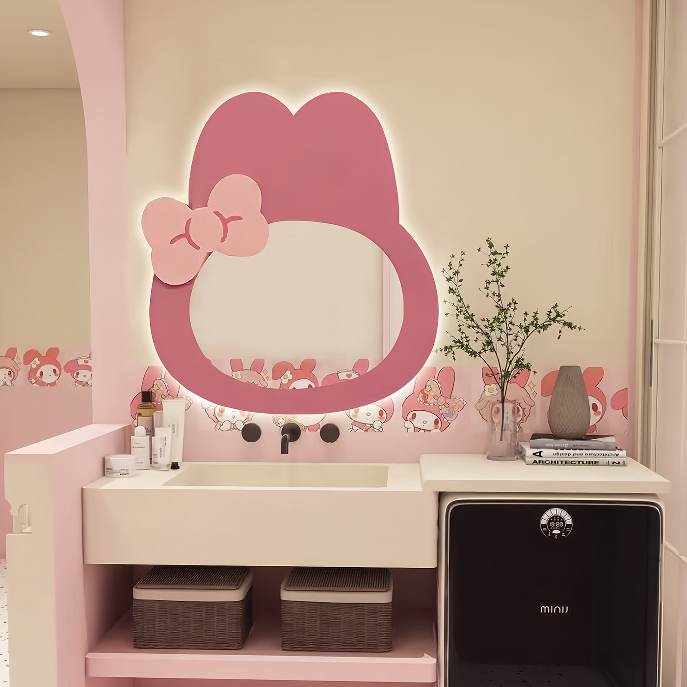 可爱美乐蒂造型浴室镜儿童卡通异形洗手台装饰镜民宿洗手间化妆镜