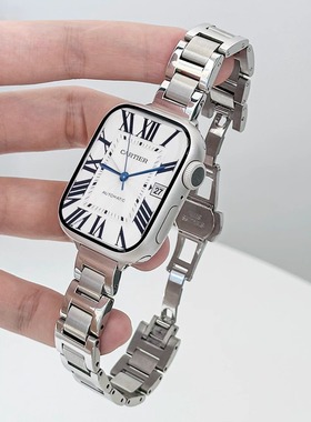 适用AppleWatchS11蓝气球金属表带苹果手表不锈钢蝴蝶扣表带iwatch9新款金属8/7高级感小众小蛮腰SE代女ins夏