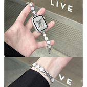 9小香风水钻镭射金属表带苹果手表SE 适用applewatchS11四叶草仿贝母表带iwatchS10 6代细款 手链表带女夏