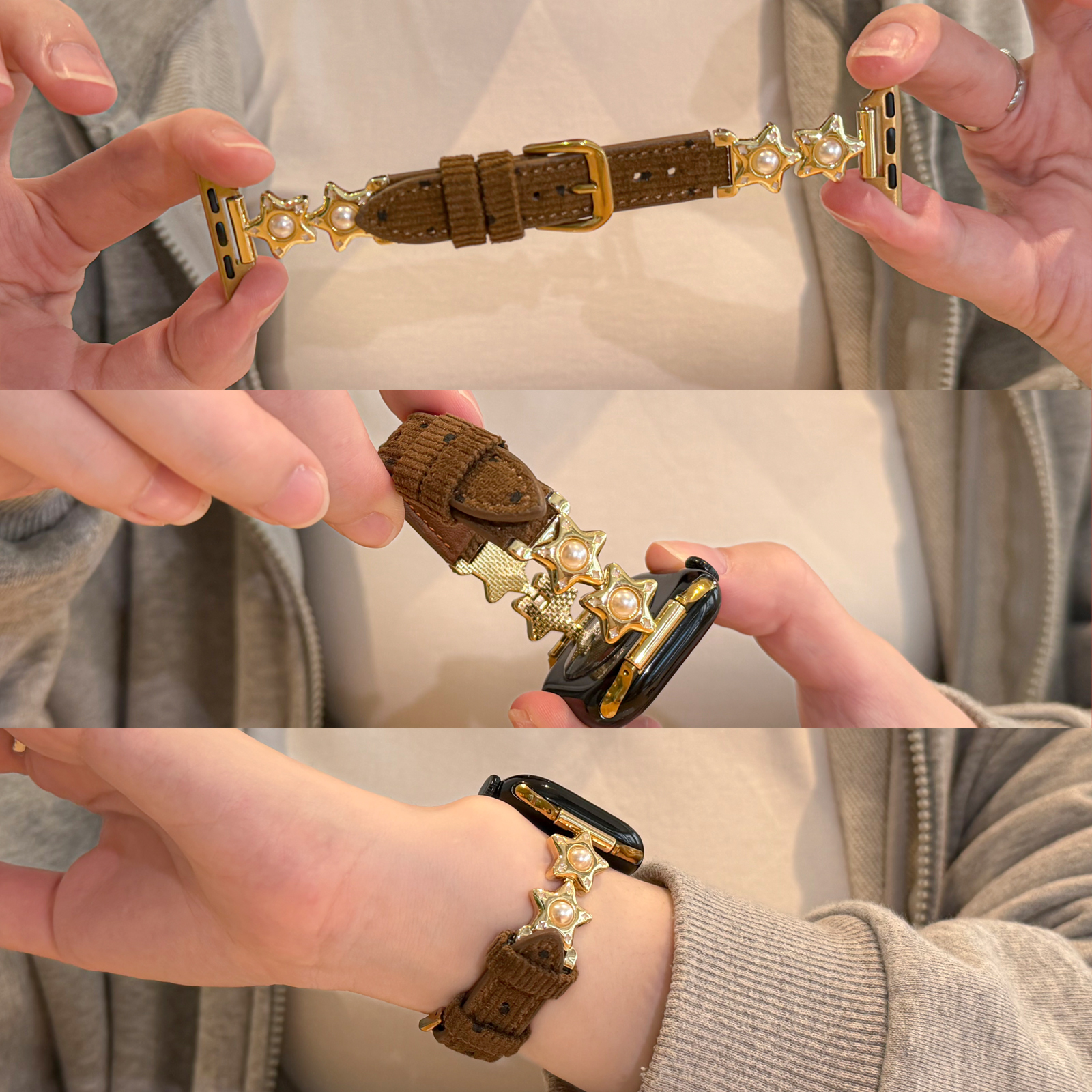 适用iwatch灯芯绒星星拼皮表带