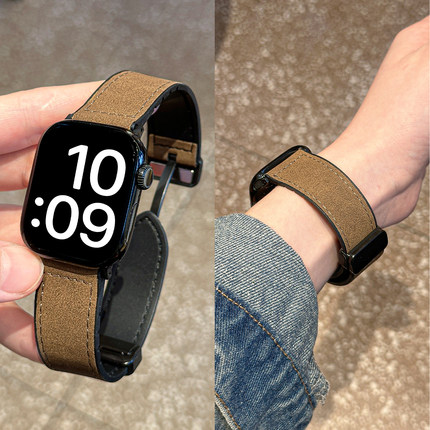 适用applewatchS10/9疯马纹皮表带iwatch8/7/6/SE磨砂贴皮磁吸扣复古苹果手表质感柔软皮革表带ultra小众男女