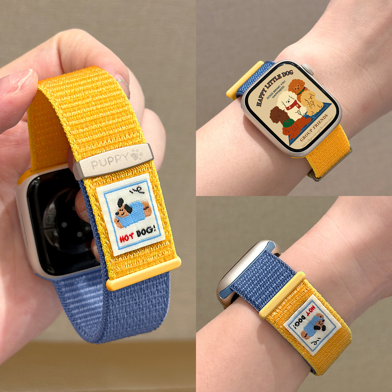 适用苹果手表S11腊肠狗拼色回环魔术贴表带iwatch10/9/8/SE双节尼龙编织applewatch撞色小狗运动透气腕带男女