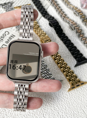 适用苹果手表S11星光色表带applewatch10小蛮腰纤细金属不锈钢表带iwatch9/8/7/6/SE细夏日女表带41/45mm套装