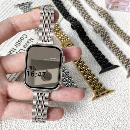 适用苹果手表S11星光色表带applewatch10小蛮腰纤细金属不锈钢表带iwatch9/8/7/6/SE细夏日女表带41/45mm套装