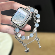 适用applewatchS11/10表带猫仿眼石星星串珠金属双链iwatch9/8/76创意手链苹果手表SE高级感可调节替换腕带夏