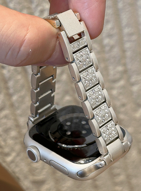 适用AppleWatch闪钻表带小蛮腰三株S10苹果手表金属镶钻电镀表带iwatchS9/8/7/6新款高级感气质细款SE代女夏