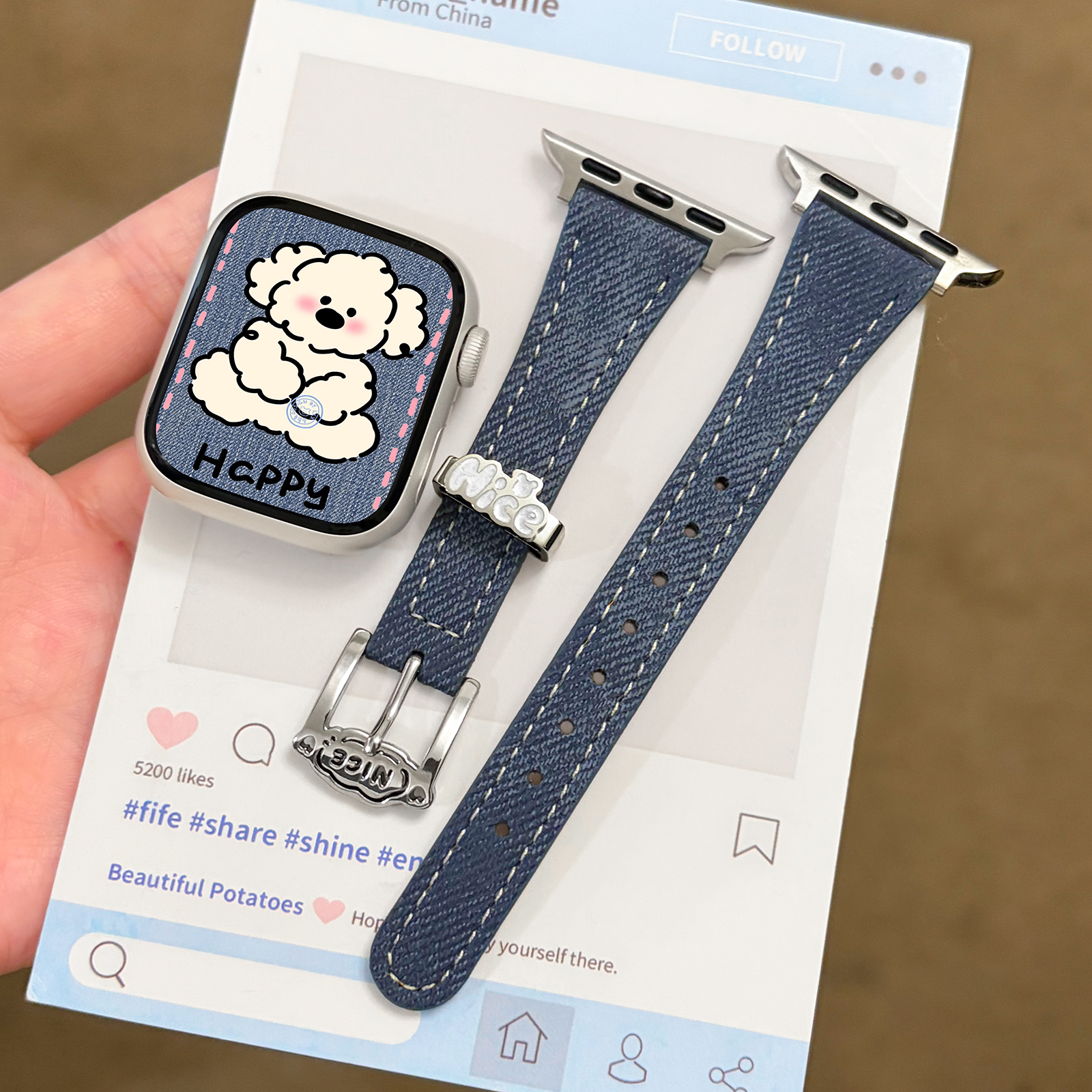 适用iwatch细款金属扣牛仔皮表带