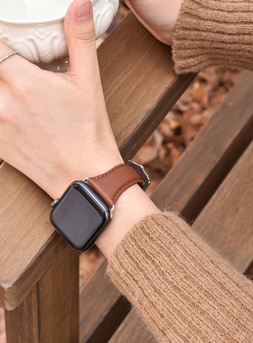 【简约质感】适用applewatchS11头层小牛皮表带S8小蛮腰真皮细苹果表带女小众秋冬季腕带iwatch7/6/5/4/3新se
