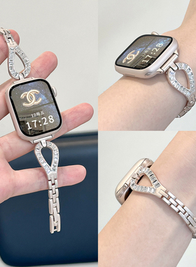 适用applewatch水滴形金属细款表带iWatchS10/9/8/7/6不锈钢高级感水钻小众链条苹果手表se质感小蛮腰腕带夏