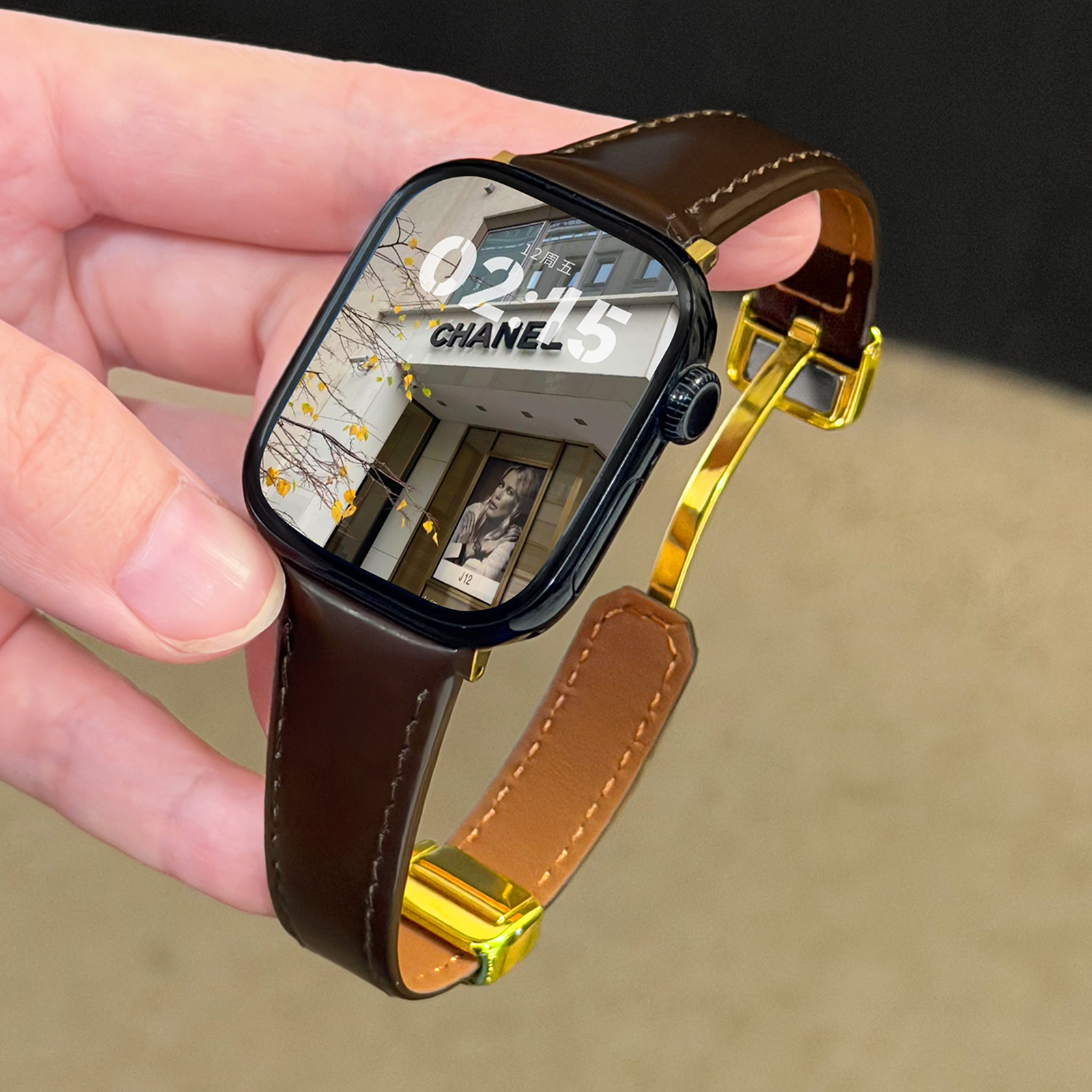 适用iwatch亮面磁吸扣真皮细表带