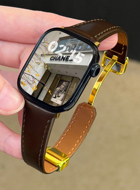 适用applewatchS11油蜡皮折叠金色扣真皮表带iwatchSE质感秋冬复古苹果手表10/9/87修身小蛮腰亮面牛皮腕带女