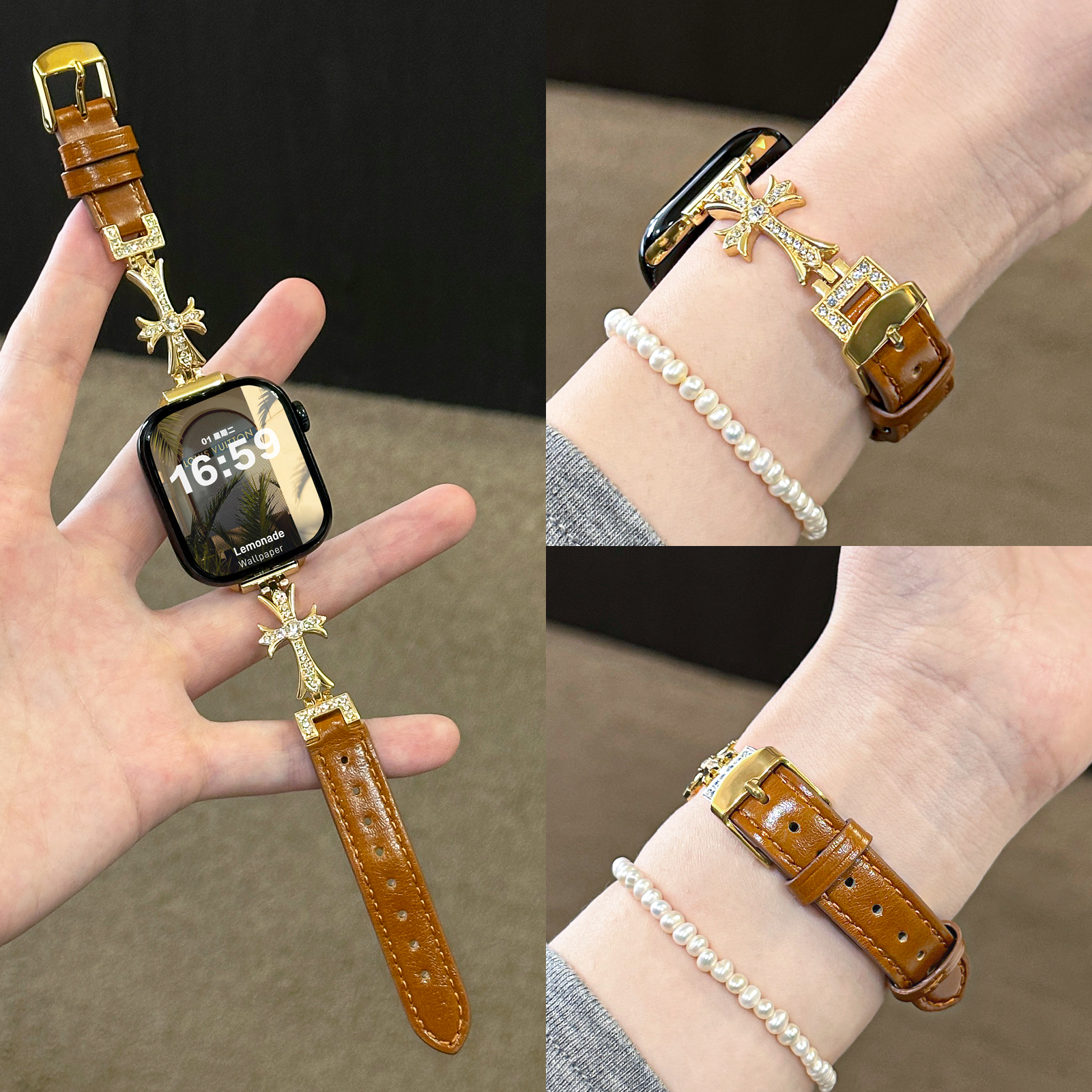 适用applewatch10代镶钻十字架克罗芯金属拼皮表带iWatchS9/8/7/6质感真皮带钻苹果手表ultra2小蛮腰腕带夏女