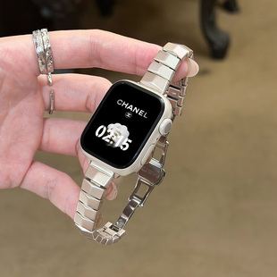 【棱光】适用applewatchS11金属蝴蝶扣表带小香风苹果手表SE手链iWatch10/9/87小众不锈钢细钢带女夏季透气