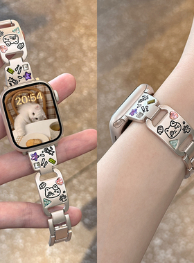 【猫咪涂鸦】适用applewatchS11/10金属彩色镶钻表带iwatch9/8/7可爱镭雕小猫手镯款苹果手表质感ultra腕带女