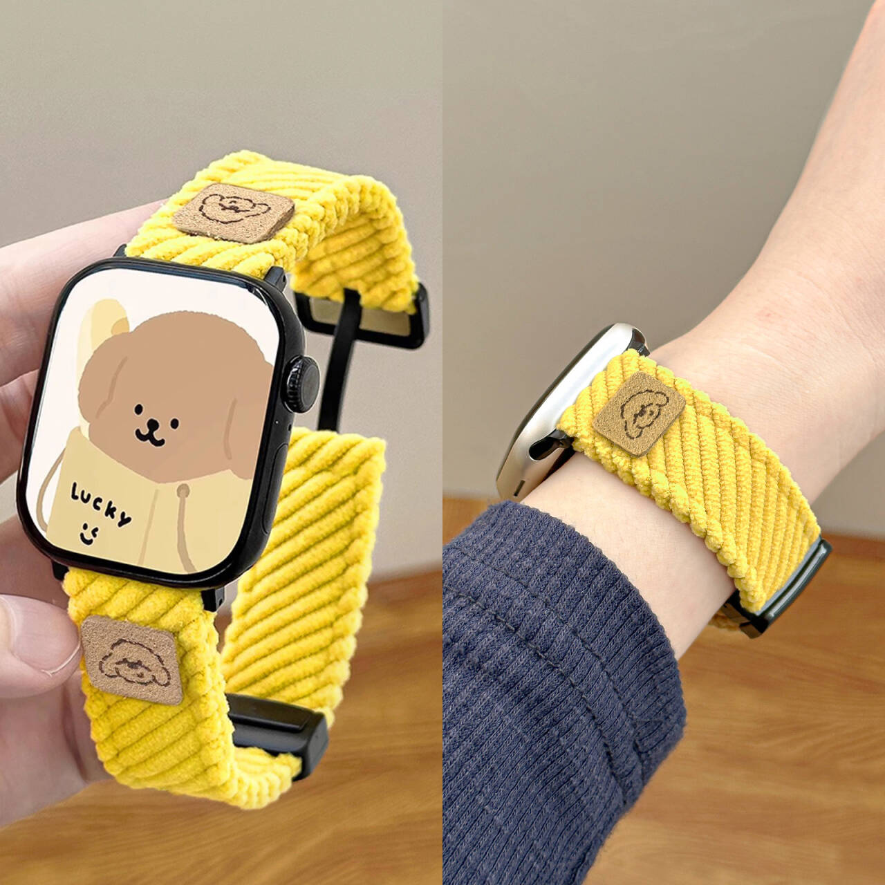 适用iWatch小熊灯芯绒磁吸表带