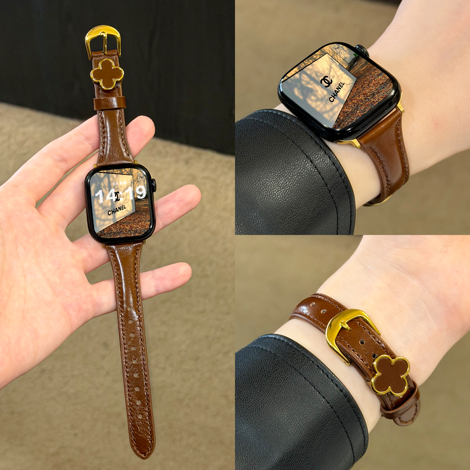 适用iwatch四叶草扣小牛皮细表带