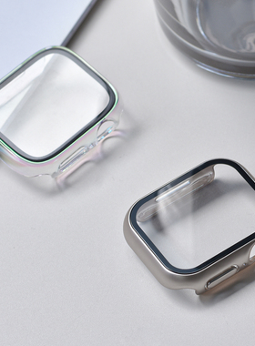 适用于AppleWatch苹果手表S11/10钢化膜保护壳一体式iWatch9/8保护套SE/7/6/5/4代全包套装超薄42/46/41/45夏