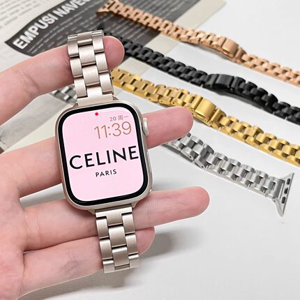 适用苹果手表星光色表带applewatch小蛮腰S9/10纤细金属不锈钢表带iwatch8/7/6/5/4/3/SE代细款女表带壳