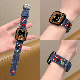 【刺绣牛仔】适用applewatch苹果小猫皮质表带美式复古iwatch可爱卡通苹果手表S11/10/9/8/7秋冬帆布皮腕带女