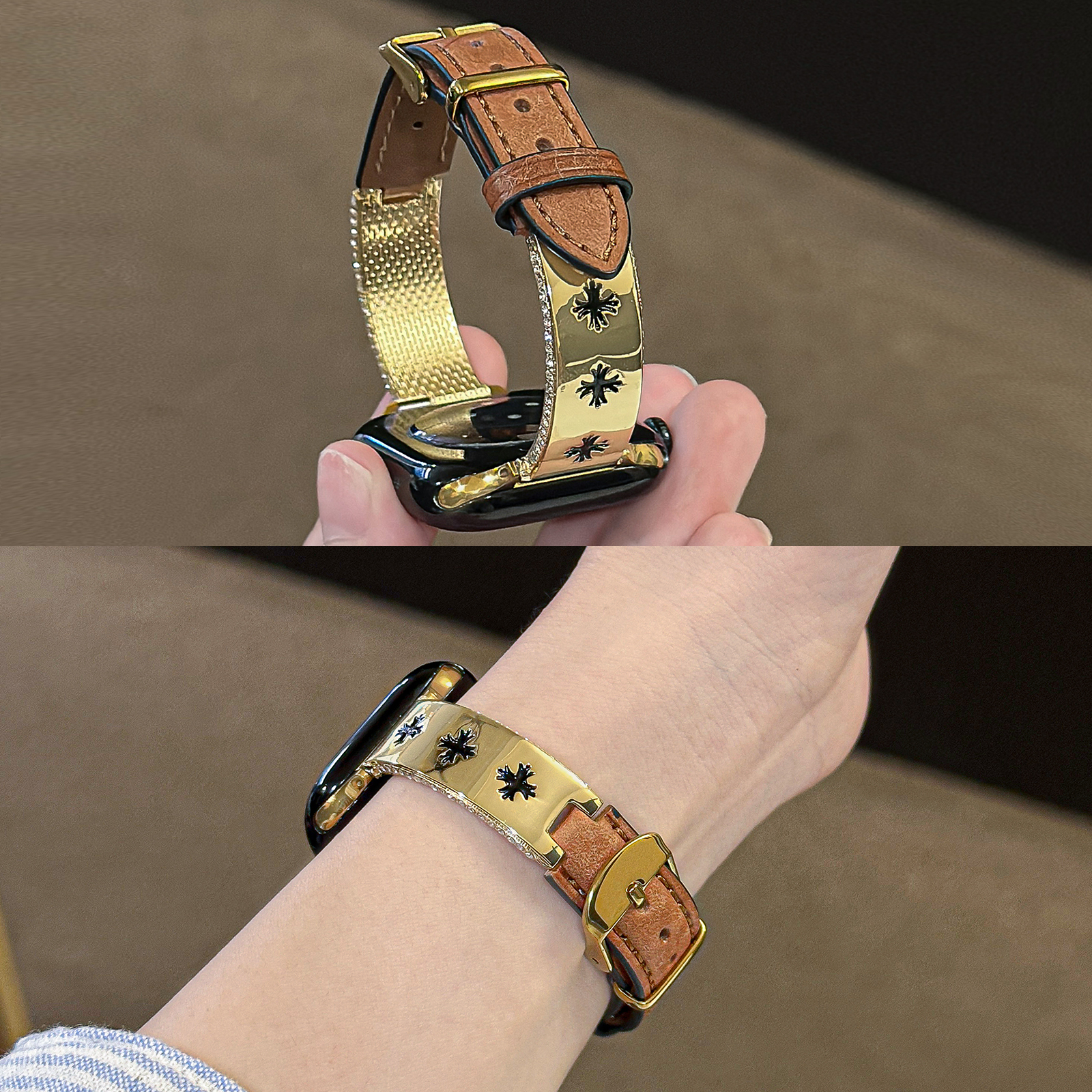 适用iwatch克罗心真皮拼金属表带