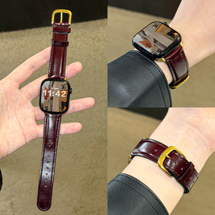 【高质感】适用applewatch油蜡小牛皮进口真皮表带苹果手表ultra秋冬新款女iwatchS10/9/8/7美拉德SE皮质腕带