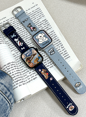 适用iWatchSE腊肠狗刺绣牛仔皮表带applewatchS10/9/8/7/6可爱卡通小狗印花苹果手表S11小众高级秋冬帆布腕带