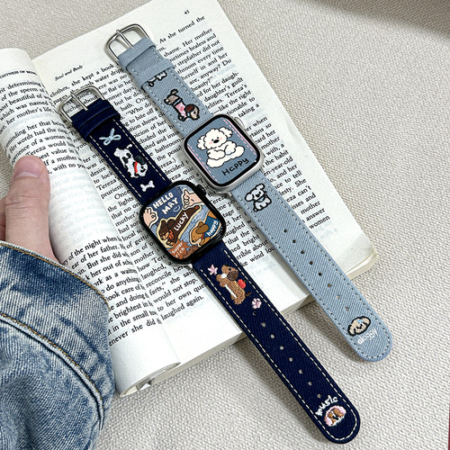 适用iWatch刺绣小狗牛仔皮表带