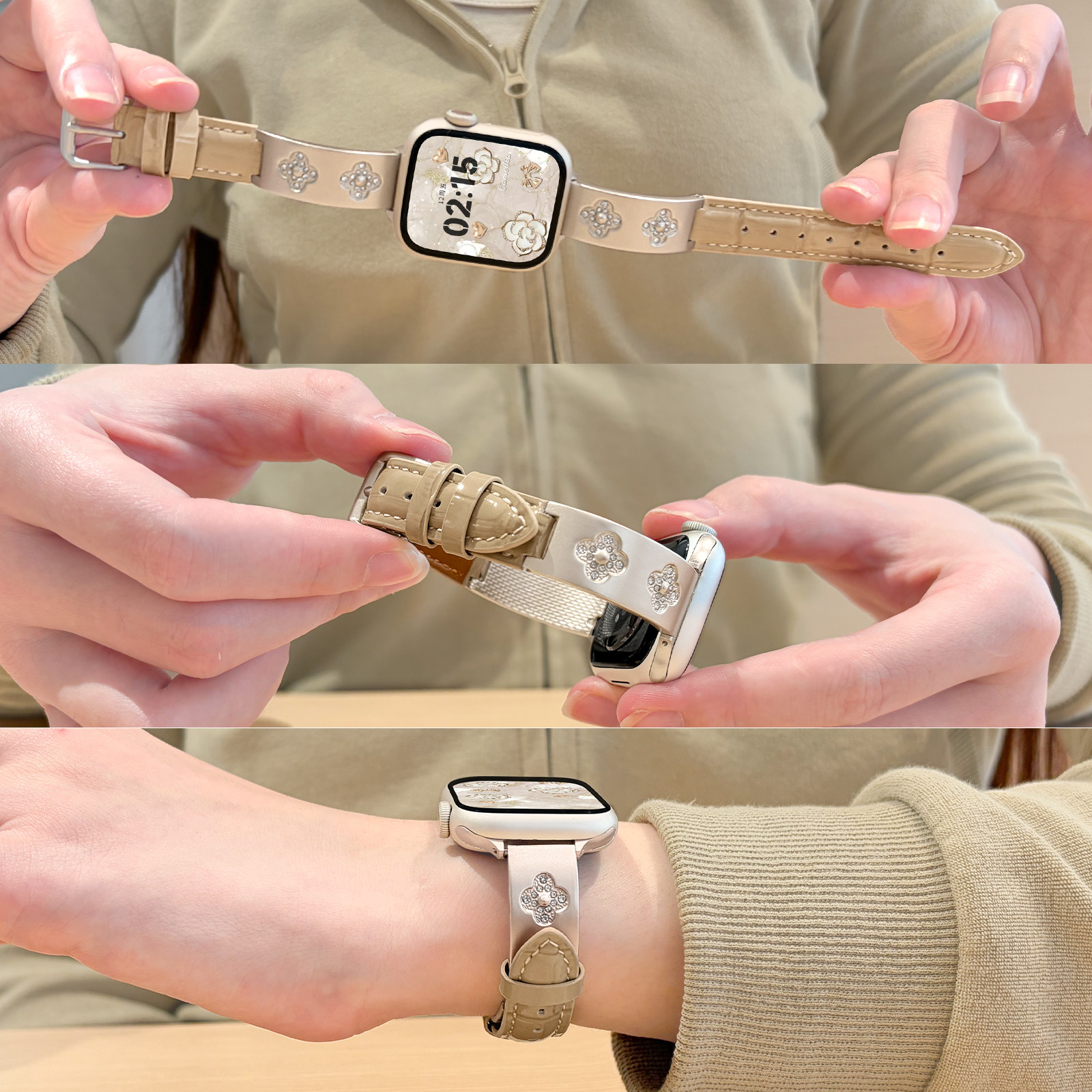 适用iWatch四叶草满钻竹节皮表带