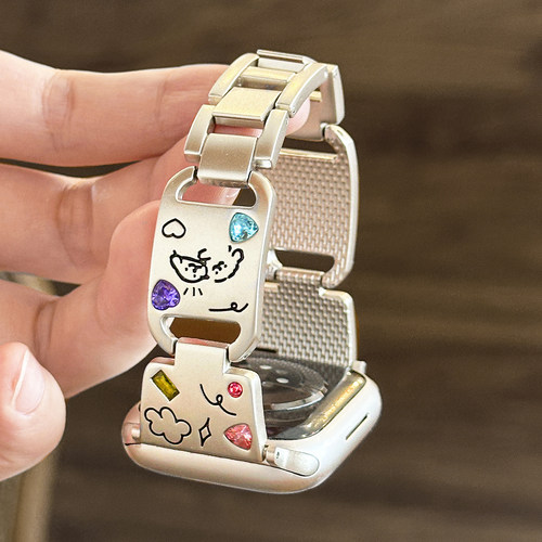 适用iWatch线条小狗金属彩石表带