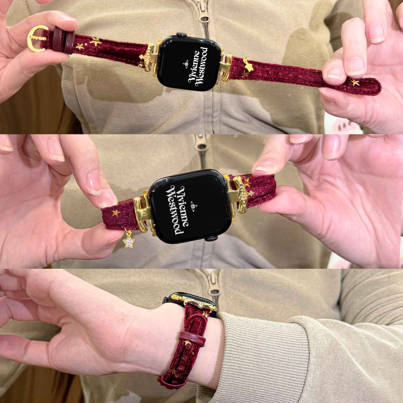 适用applewatch毛绒烫金星星西太后皮表带苹果手表ultra星星挂饰iWatch11/10/9秋冬轻奢高级感柔软细款皮腕带