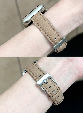 适用applewatch9真皮表带简约荔枝纹小蛮腰苹果手表S11质感皮撞色皮表带iwatchs10/8/7/6/5/SE小众柔软腕带女