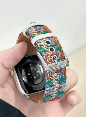 【清仓特惠】适用iWatch11毛呢格纹绒皮表带applewatchS10/9/8/7苹果手表6新款编织拼色se秋冬皮表带女小众