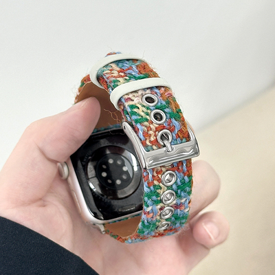 适用iWatch粗针毛呢格纹皮表带
