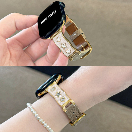 适用iWatch琉璃镶钻半镯拼皮表带