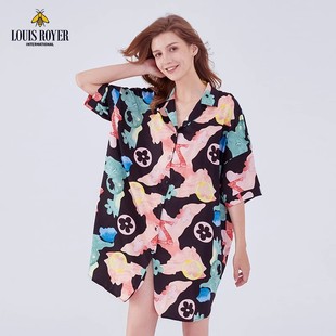 LOUIS ROYER利蜂醋酸缎面水墨涂鸦衬衫式女士家居服睡衣宽松睡裙