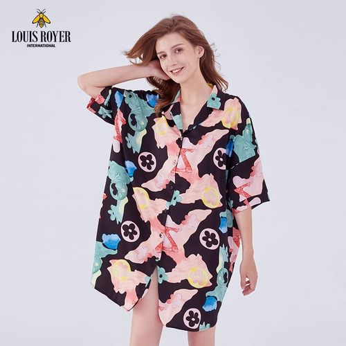 LOUIS ROYER利蜂醋酸缎面水墨涂鸦衬衫式女士家居服睡衣宽松睡裙